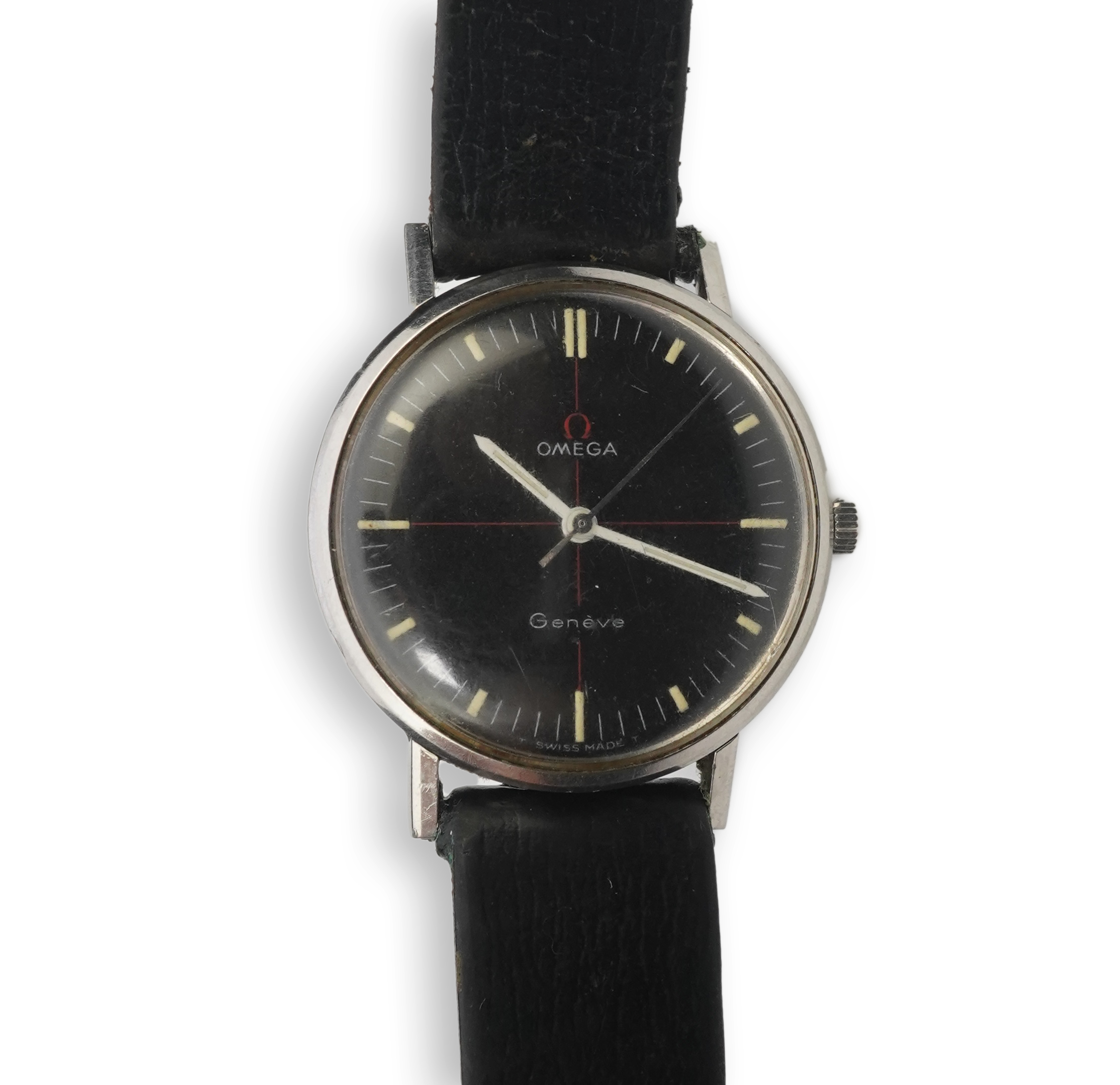 A gentleman's late 1960's/early 1970's stainless steel Omega manual wind wrist watch, the black dial with red cross-hair and baton numerals